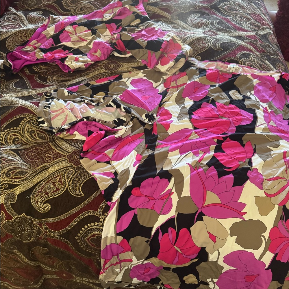 Trina Turk Pink and Black Floral One Piece Swimsuit and coverup